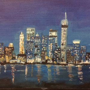 Hudson River Skyline View,  NYC print on canvas Acrylic Painting  New York York, NYC Evening