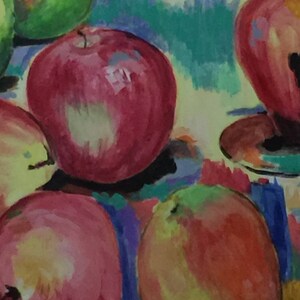 May include: A still life painting of fruit, including red apples, green pears, and a yellow pear. The fruit is painted in a loose, impressionistic style with vibrant colors.