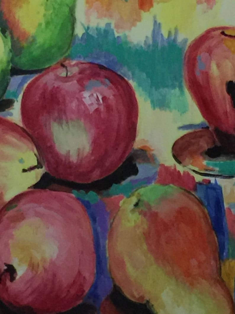 May include: A still life painting of fruit, including red apples, green pears, and a yellow pear. The fruit is painted in a loose, impressionistic style with vibrant colors.