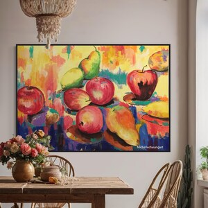 May include: A colorful abstract painting of a still life with fruit. The painting features apples, pears, and mangoes in shades of red, yellow, green, and orange. The background is a vibrant mix of colors, creating a dynamic and energetic composition. The painting is signed "Michellecheungart" in the bottom right corner.