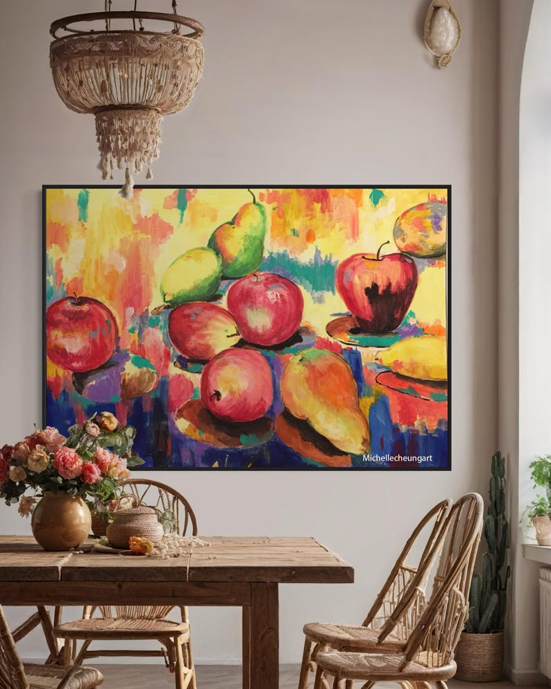 May include: A colorful abstract painting of a still life with fruit. The painting features apples, pears, and mangoes in shades of red, yellow, green, and orange. The background is a vibrant mix of colors, creating a dynamic and energetic composition. The painting is signed "Michellecheungart" in the bottom right corner.
