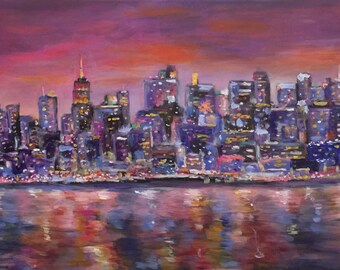 May include: An oil painting of a cityscape at dusk. The buildings are silhouetted against a purple and orange sky, with lights reflecting in the water below. The artwork is a vibrant depiction of an urban scene.