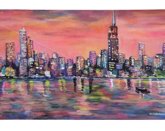 May include: A painting of a city skyline at sunset with a reflection of the buildings in the water. The sky is a vibrant orange and pink, and the buildings are a mix of purple, blue, and green. There is a small boat in the water.