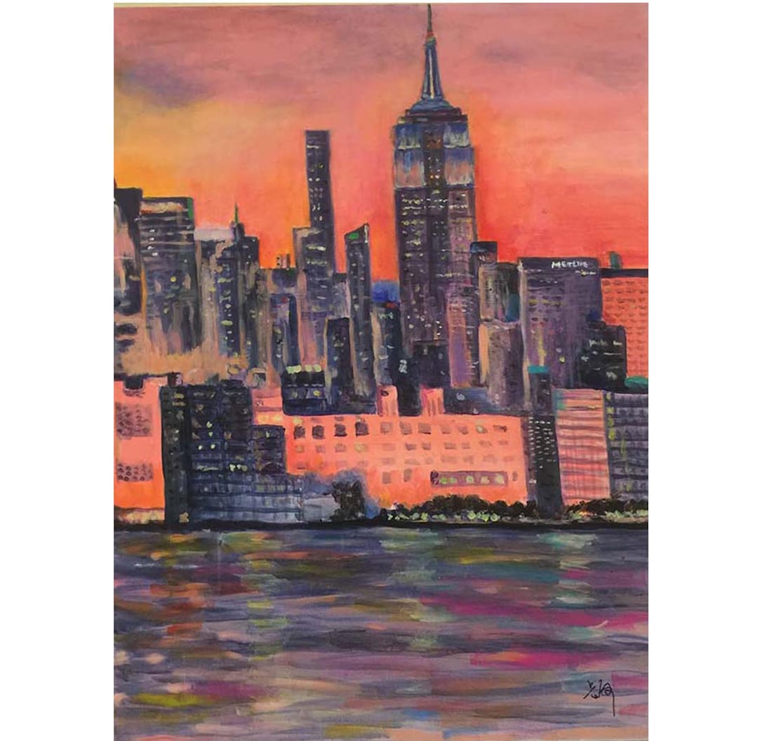 Sunset New York Painting NYC Skyline Acrylic Large Painting on Canvas ...