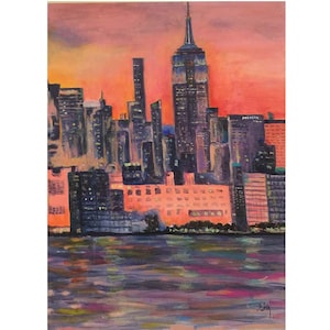 Sunset New York Painting NYC Skyline Acrylic Large Painting on Canvas New York Framed Art Cityscape Wall Art Print On Canvas / Original