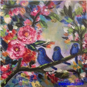 Pintura acrílica original sobre lienzo de un pájaro encantador y rosas rosadas. Arte mural floral caprichoso pintado a mano.