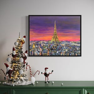 Original Print on Canvas – Abstract Acrylic Painting of the Eiffel Tower Landscape, Contemporary Wall Art