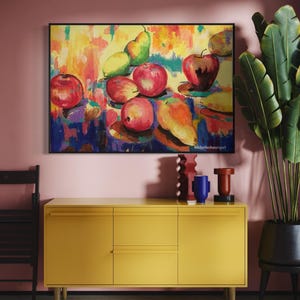 May include: A colorful abstract painting of a still life with fruit. The painting features apples, pears, and a mango in shades of red, yellow, and green. The background is a vibrant mix of yellow, orange, and blue.