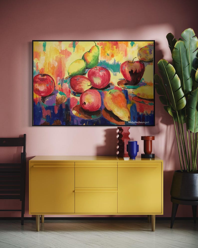 May include: A colorful abstract painting of a still life with fruit. The painting features apples, pears, and a mango in shades of red, yellow, and green. The background is a vibrant mix of yellow, orange, and blue.