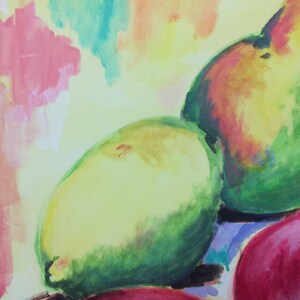 May include: A still life painting of three fruits: a red apple, a green pear, and a yellow lemon. The fruits are painted in a loose, impressionistic style with visible brushstrokes. The background is a soft, abstract wash of pink, yellow, and green.