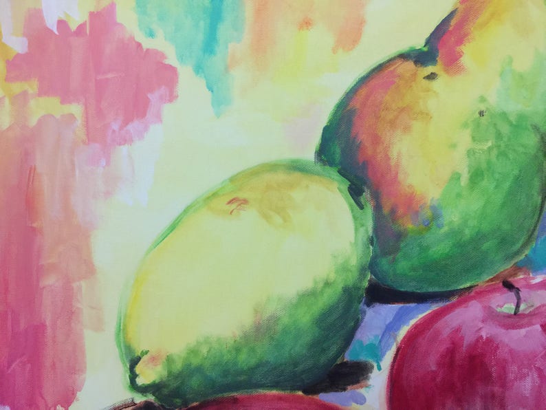 May include: A still life painting of three fruits: a red apple, a green pear, and a yellow lemon. The fruits are painted in a loose, impressionistic style with visible brushstrokes. The background is a soft, abstract wash of pink, yellow, and green.