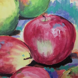 May include: A still life painting of apples. The apples are red, green, and yellow. The painting is done in a loose, impressionistic style.