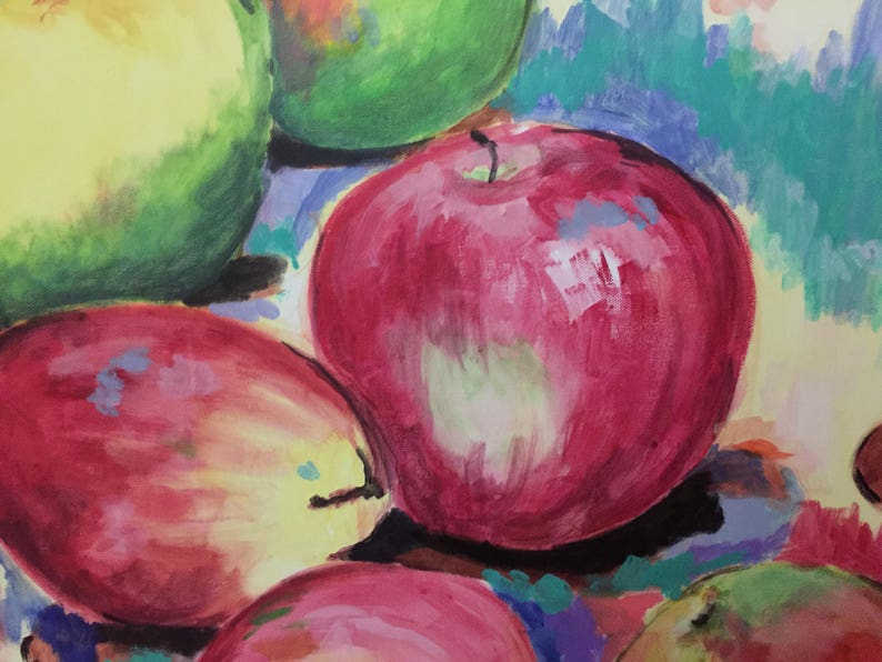 May include: A still life painting of apples. The apples are red, green, and yellow. The painting is done in a loose, impressionistic style.