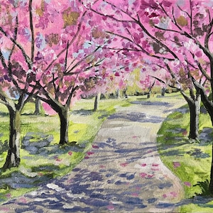 Handmade Acrylic Painting on Panel Cherry Blooming Art Landscape Wall Art Gift for her / Gift for him/ Original Acrylic Painting