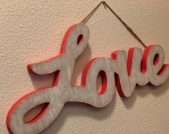 Sign, love, red, white, wood