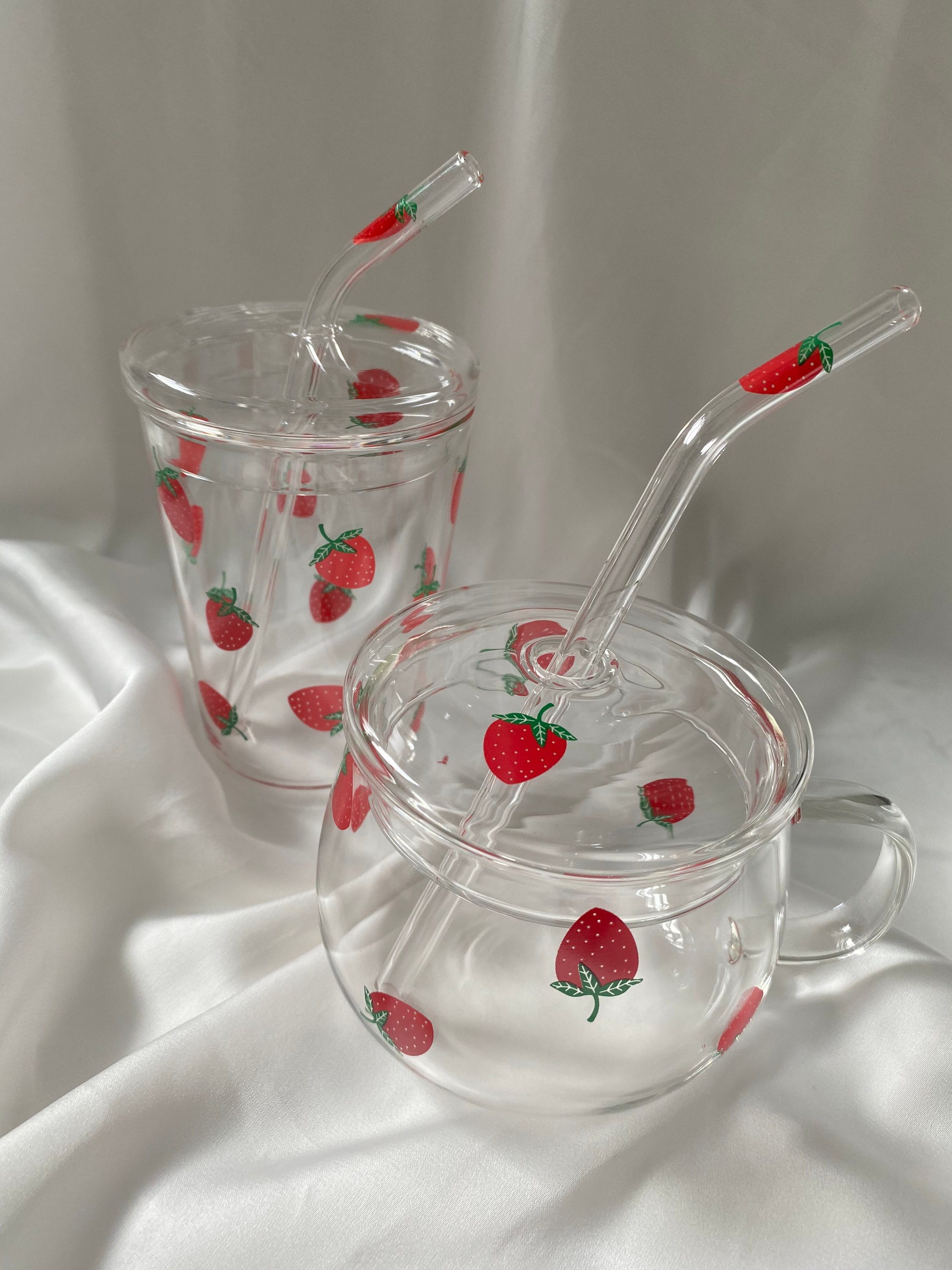 Strawberry Cute ceramic glass mug with straw Creative Gift Etsy