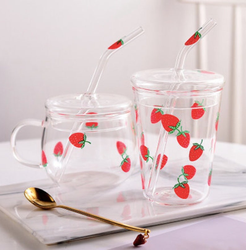 Strawberry Cute ceramic glass mug with straw Creative  Gift image 0