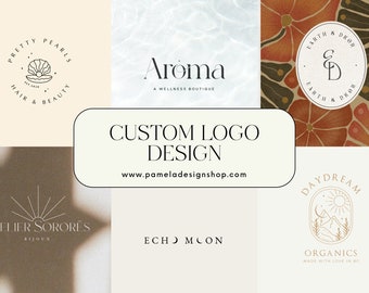 May include: A collage of custom logo designs for various businesses. The logos feature a variety of styles, including minimalist, floral, and geometric. The text "CUSTOM LOGO DESIGN" is displayed in the center of the image, along with the website address "www.pameladesignshop.com".