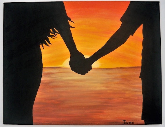 Original Folk Art Painting Holding Hands Beach Silhouette Etsy