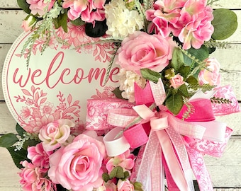 Corona rosa de estilo chinoiserie, regalo para el Día de la Madre, corona de bienvenida, corona de rosas e hortensias, corona para la puerta principal, corona de helechos, decoración femenina, 29 x 22 pulgadas.