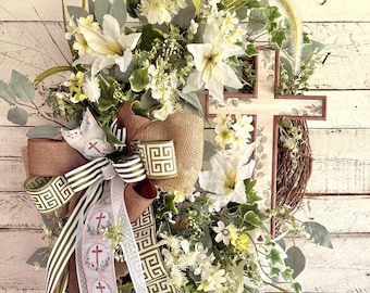 Corona de cruz, corona de primavera, decoración cristiana, decoración rústica, corona de lirios, corona para la puerta principal, corona de Pascua, corona para el día a día, decoración de pared, regalo, XXL