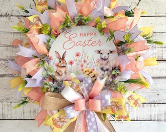 Corona de Pascua, corona de primavera, decoración navideña, corona de puerta XL, decoración pastel, decoración de casa de campo, decoración en amarillo melocotón y lavanda, corona de malla