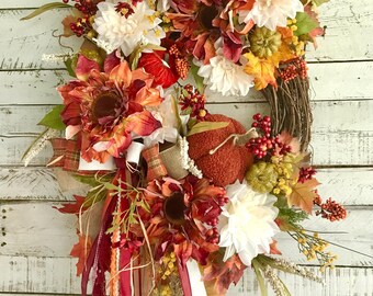 Corona de vid otoñal XXL, decoración bohemia campestre, corona para puerta de entrada, decoración burdeos, decoración de pared, corona de girasoles y dalias, decoración de granja, regalos