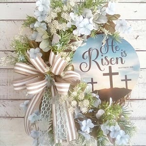 Everyday Wreath,Three Crosses Wreath,Front Door Wreath,He is Risen Wreath,Cherry Blossom Wreath,Country Cottage Decor,Wall Decor, blue Decor