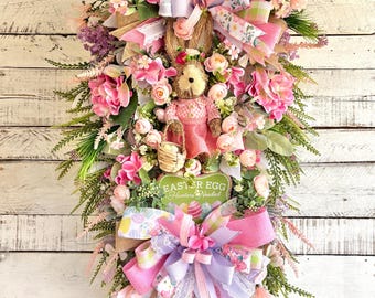 Guirnalda de Pascua, Corona de conejito de sisal, Decoración pastel, Guirnalda para puerta de entrada, Corona de helecho con botones, Decoración rosa, verde y lavanda, Guirnalda de primavera, Guirnalda XXL, Guirnalda de malla