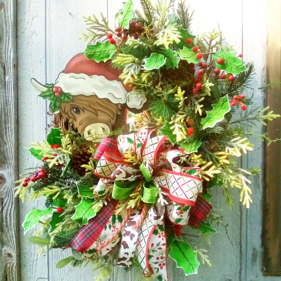 Highland Cow Christmas Wreath, Country Christmas Decor, Door Wreath