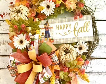 Corona de otoño, corona para puerta de entrada, decoración de casa de campo, corona de calabaza con cuerda, corona de Acción de Gracias, corona tradicional de colores otoñales, regalos