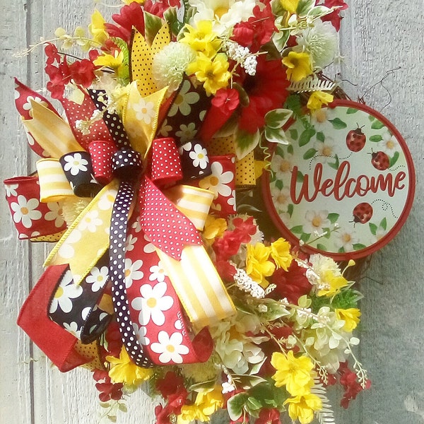 Ladybug Wreath, Welcome Wreath, Summer Wreath, Front Door Wreath, Red and Yellow Decor, Cottage Decor,Any Occasion Gift, Gift For Her,22"