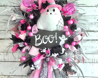 Corona de fantasmas rosa y negra, corona de Halloween, decoración caprichosa, corona de boo, corona de malla, decoración glamurosa, corona XXL para puerta de entrada, decoración de pared, decoración de fiesta