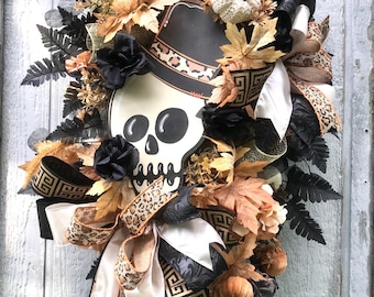 Corona de otoño con sombrero de copa y calavera steampunk: botín de otoño en negro, cobre y dorado