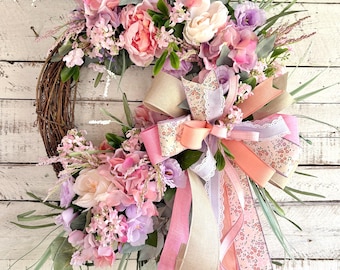 Corona de jardín inglés, corona de vid primaveral, decoración de cabaña, corona para puerta de entrada XL, decoración campestre francesa, decoración floral pastel, decoración de pared, regalos