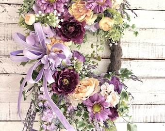 Decoración en lavanda y amarillo pálido, decoración victoriana, corona para el día a día, decoración elegante, corona de peonías y hiedra, corona romántica, corona para puerta principal XL, regalos