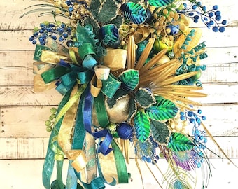 Corona de pavo real, Corona navideña, Decoración navideña, Corona para puerta XXL, Corona glamurosa, Decoración de pared, Decoración glamurosa y brillante, Decoración de pared, Regalo de Navidad, Decoración de invierno