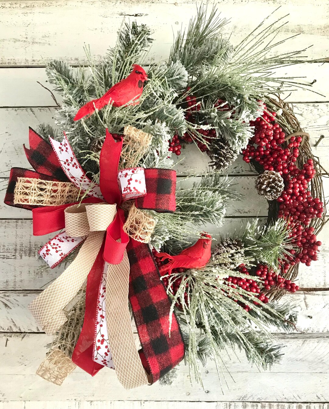 Winter Grapevine Wreath ,frosted Pine and Red Berries Wreath,rustic ...