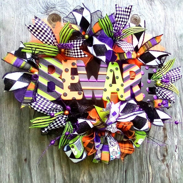 Beware Wreath, Halloween Wreath, Trick or Treat Decoration,Glam Wreath, Grapevine Wreath, Door Wreath, Harlequin Ribbon Wreath, Spooky Decor