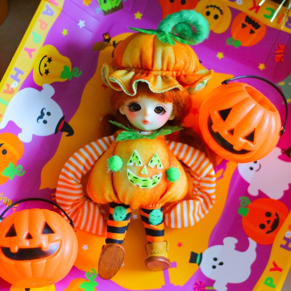 Halloween doll outfit for Lati yellow outfit, Lati Y BJD 1/8 outfit 4pcs Pumpkin hat+T-shirt+Bib+leggings by Playperdoll