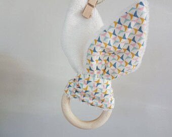 Wooden teething rattle ring and rabbit ears Multicolored