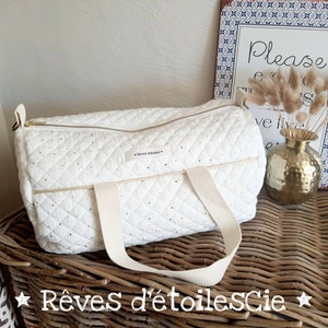 ANY diaper bag duffel bag weekend bag in double cotton gauze with gold polka dots white image 1