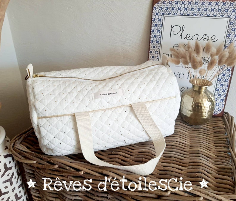 ANY diaper bag duffel bag weekend bag in double cotton gauze with gold polka dots white image 1