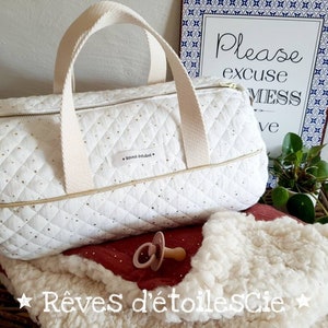 ANY diaper bag duffel bag weekend bag in double cotton gauze with gold polka dots white image 3