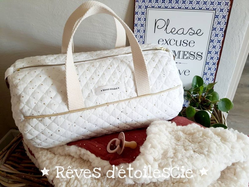 ANY diaper bag duffel bag weekend bag in double cotton gauze with gold polka dots white image 3