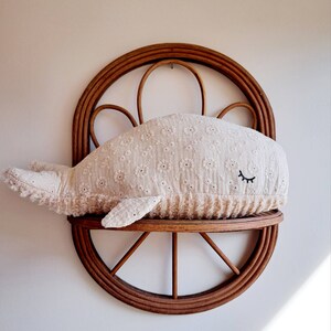 Whale to cuddle in ecru embroidered double cotton gauze and minky sherpa fabric