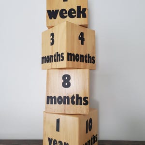 May include: Wooden blocks with black numbers and text, stacked to show a baby's age in weeks, months, and years. The blocks read "1 week", "3 months", "4 months", "8 months", "1 year", and "10 months".