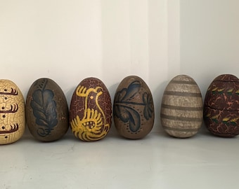 6 huevos de madera decorados de estilo vintage, decoración rústica artesanal de estilo Amish o holandés de Pensilvania.