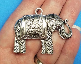 2 Elephant Plastic Pendants, 2 Sided Elephant , Elephant Jewelry, Silver Elephants, Large Elephants, Jungle Animals, Elephant Gifts, #19-O