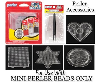 May include: Perler bead accessories for use with mini beads. The set includes a heart, star, and circle shaped pegboard, a square pegboard, and a pair of tweezers. The packaging says "Perler Accessories" and "For Use With MINI PERLER BEADS ONLY".